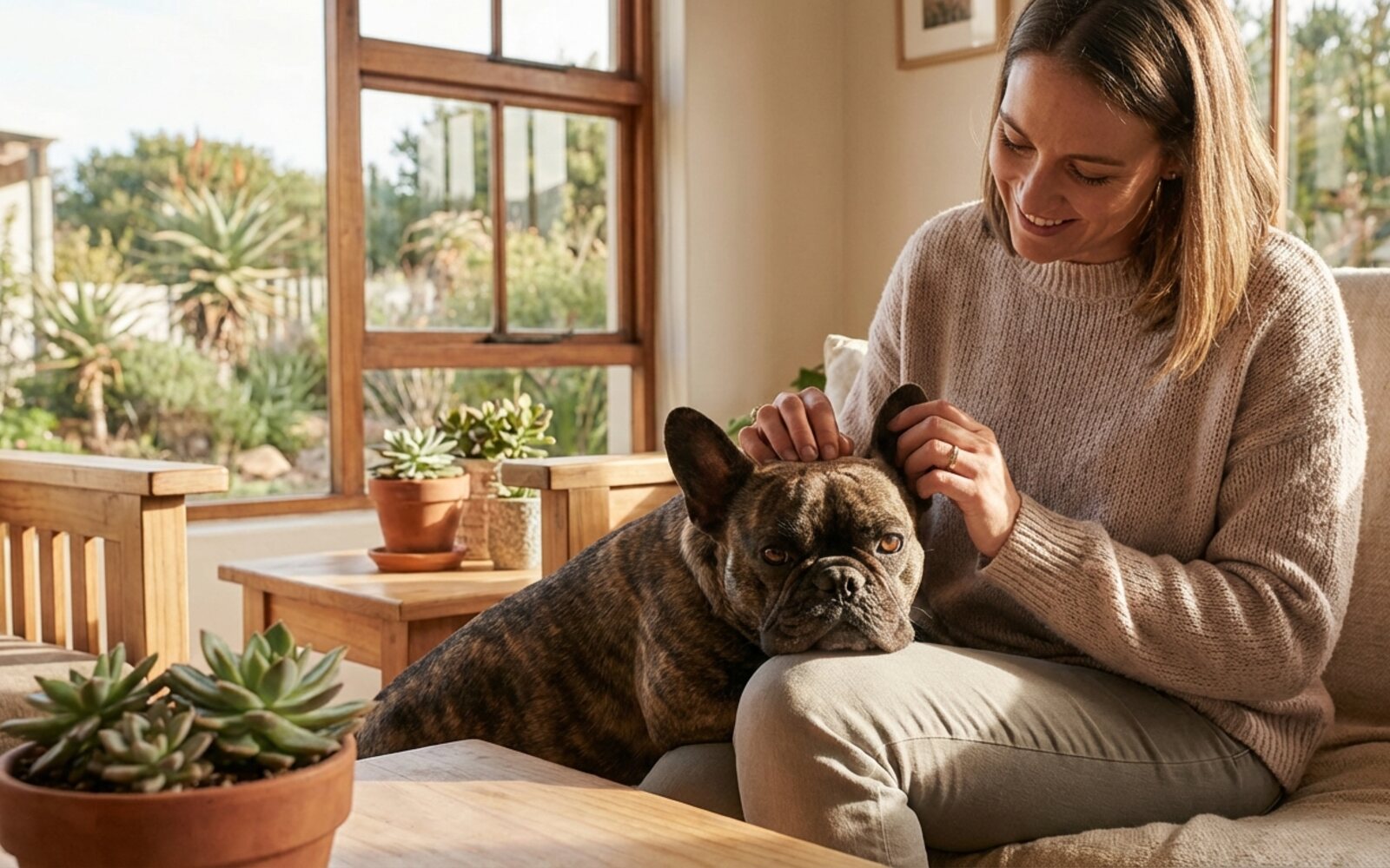 French Bulldog relaxing with a prospective adopter in a South African home