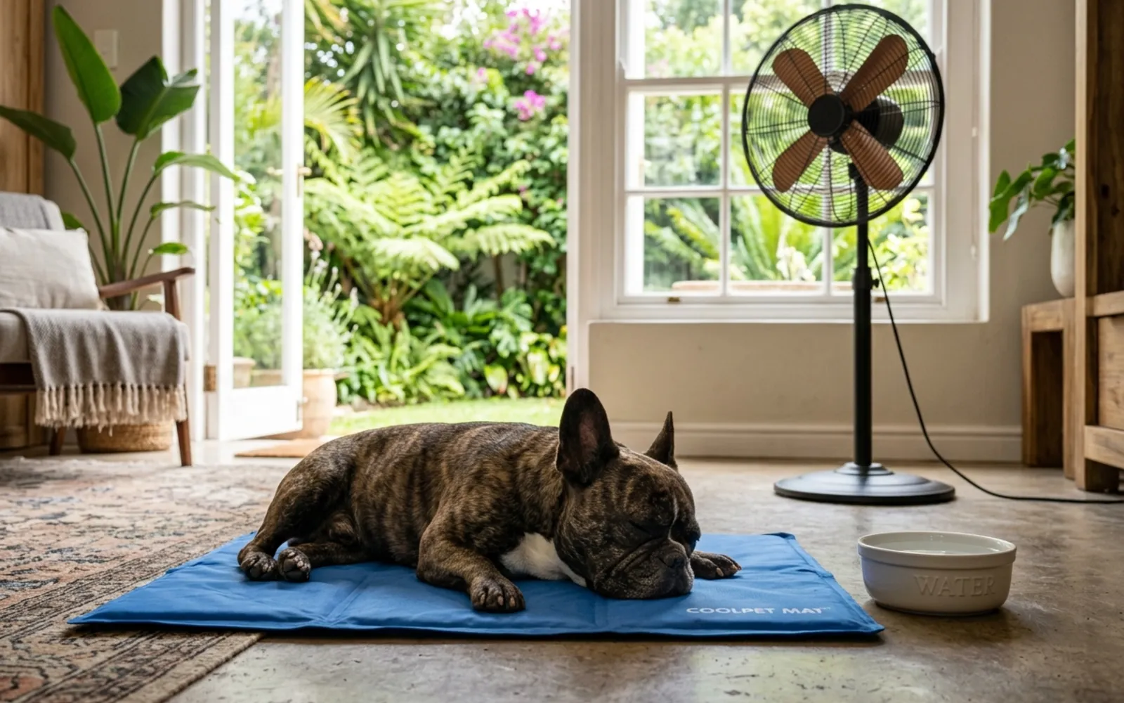 French Bulldog resting calmly in cool indoor shade in South Africa