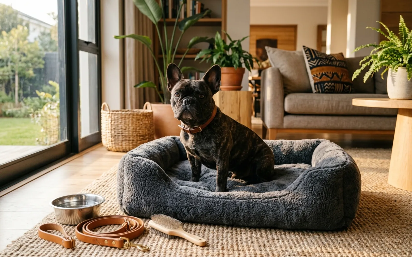 French Bulldog with food, bed, and care essentials showing cost factors in South Africa