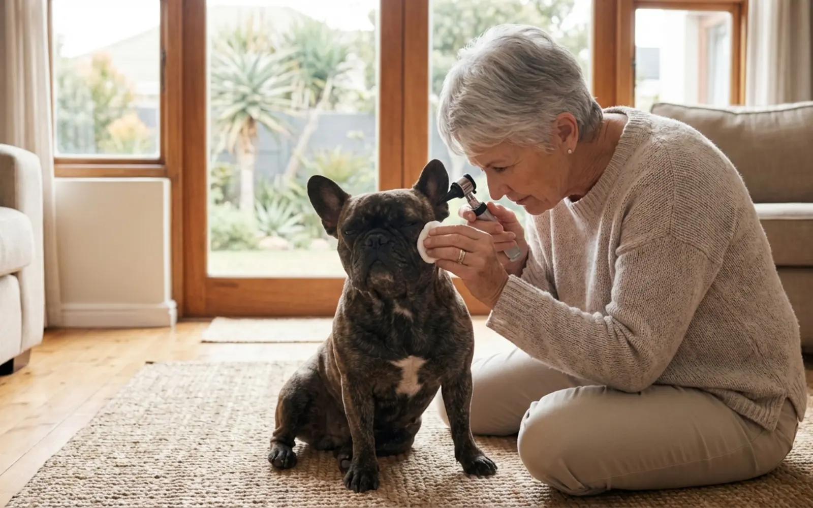 French Bulldog owner gently cleaning ears and skin folds at home